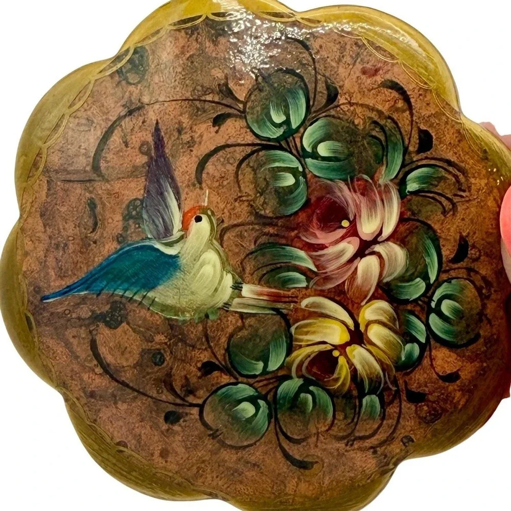 Vintage Hand Painted Wood Bird Floral Brooch Signed Lacquer Pin 2" Euro Folk Art - Picture 3 of 5